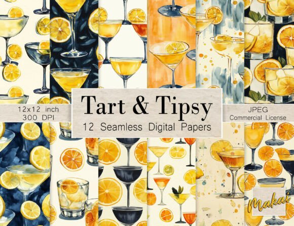 12 Seamless Watercolor Mid-Century Drink