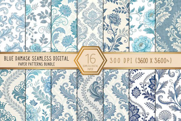 Blue Damask Seamless Digital Paper Bundle: Elevate Your Creative Projects