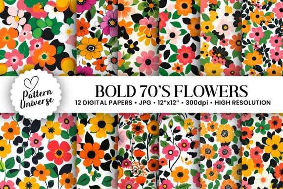 Bold Colorful 70's Flowers Digital Paper for Creative Projects