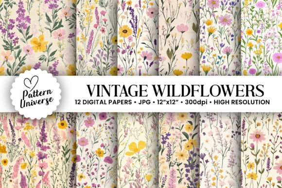 Cute Vintage Wildflowers Digital Papers for Creative Projects
