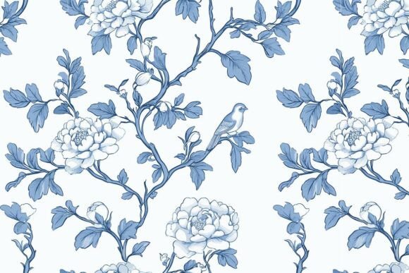 Floral Blue Chinoiserie Toile De Jouy