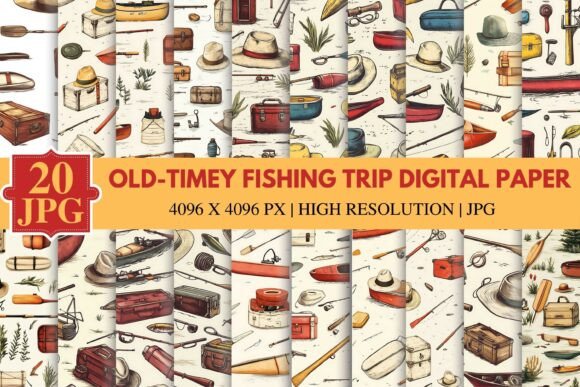 Old-Timey Fishing Trip Digital Paper for Nostalgic Design