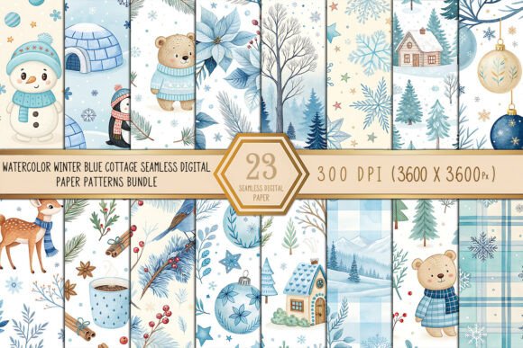 Winter Blue Cottage Seamless Digital Paper Bundle: A Creative Must-Have for Winter-Themed Projects